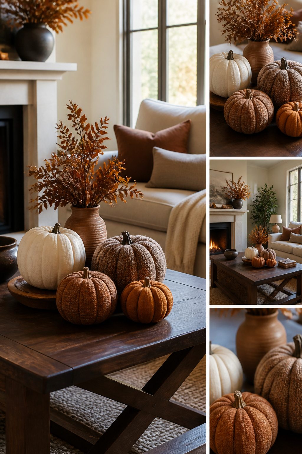 Cluster of pumpkins of various sizes displayed on a coffee table.