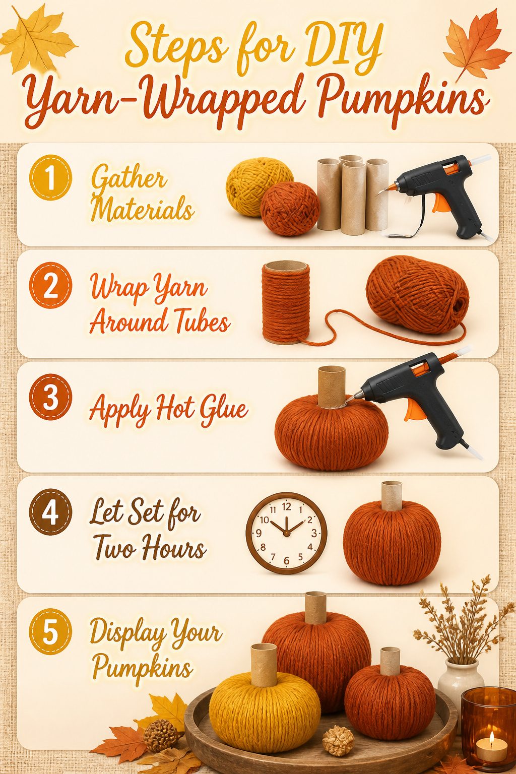 Steps for creating yarn-wrapped pumpkins displayed as DIY decor.