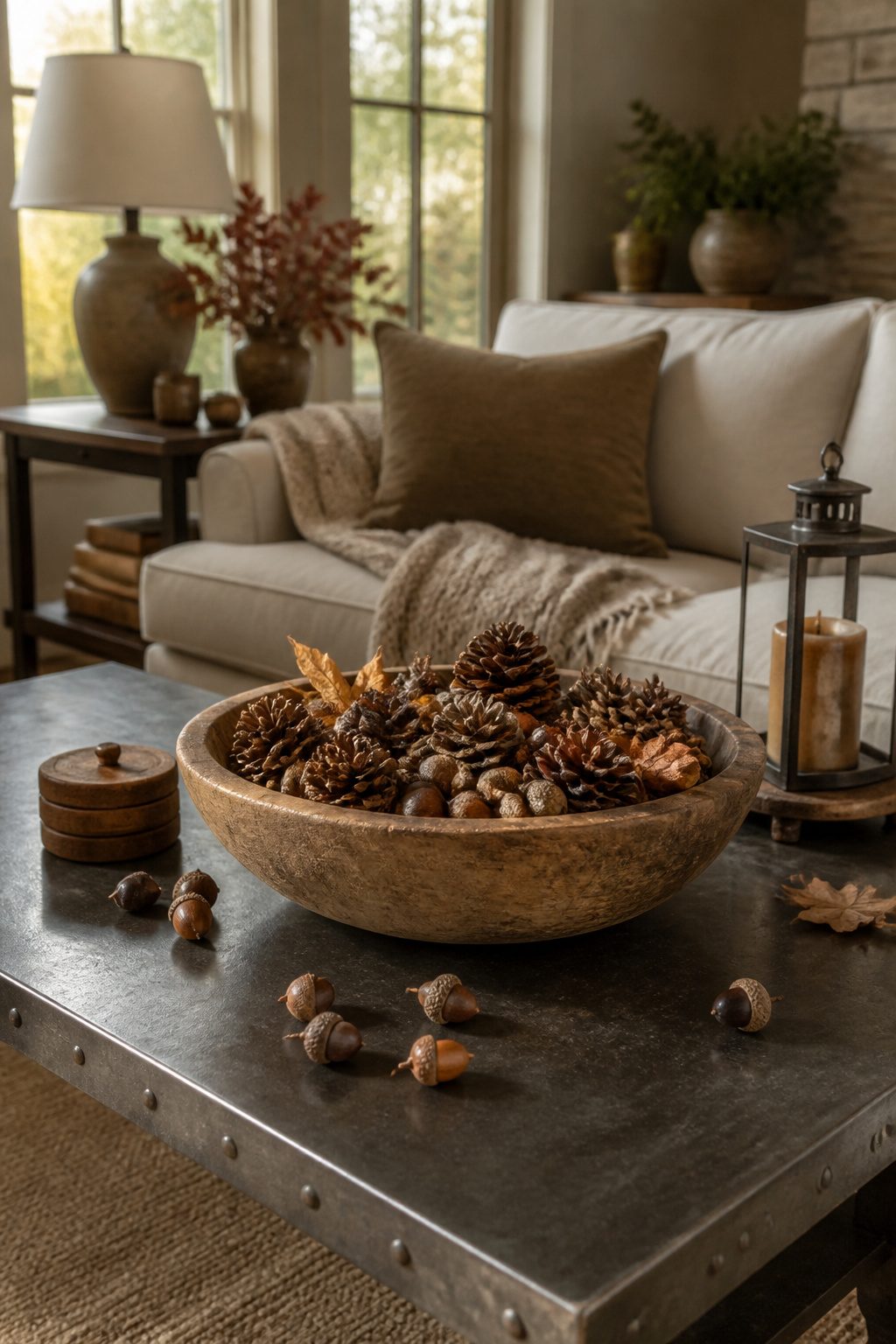 Coffee table with a wooden bowl of pine cones and acorns.