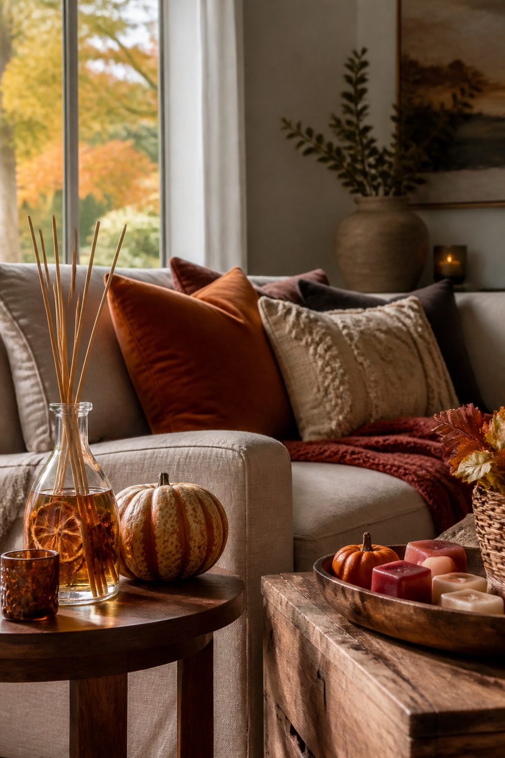Reed diffuser and wax melts arranged on a side table.