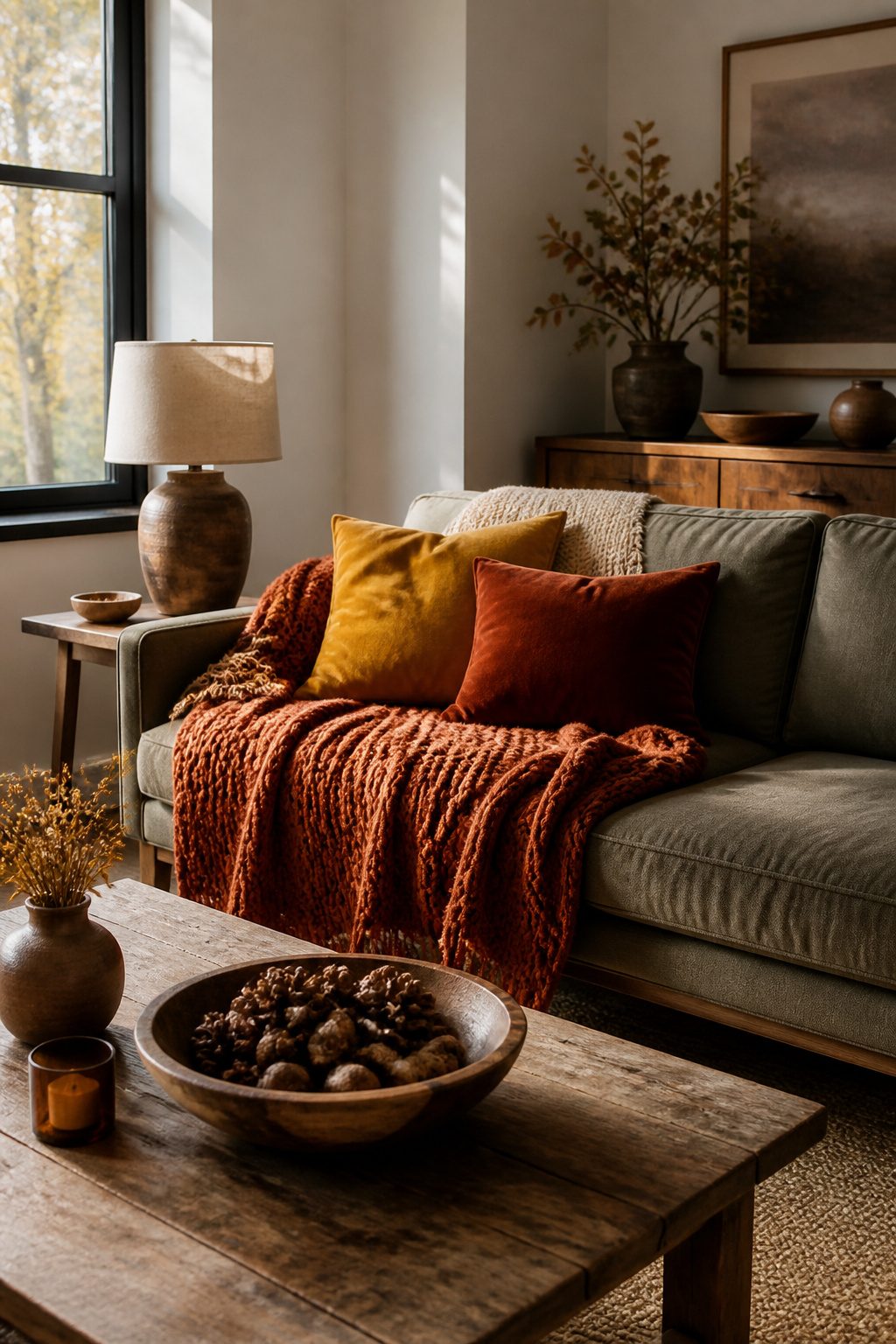Sofa with textured throws and cushions in warm fall colors.
