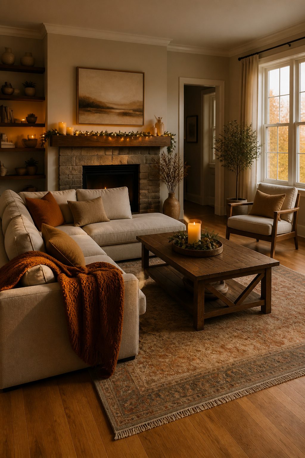 Candles and string lights arranged for warm lighting in a living room.