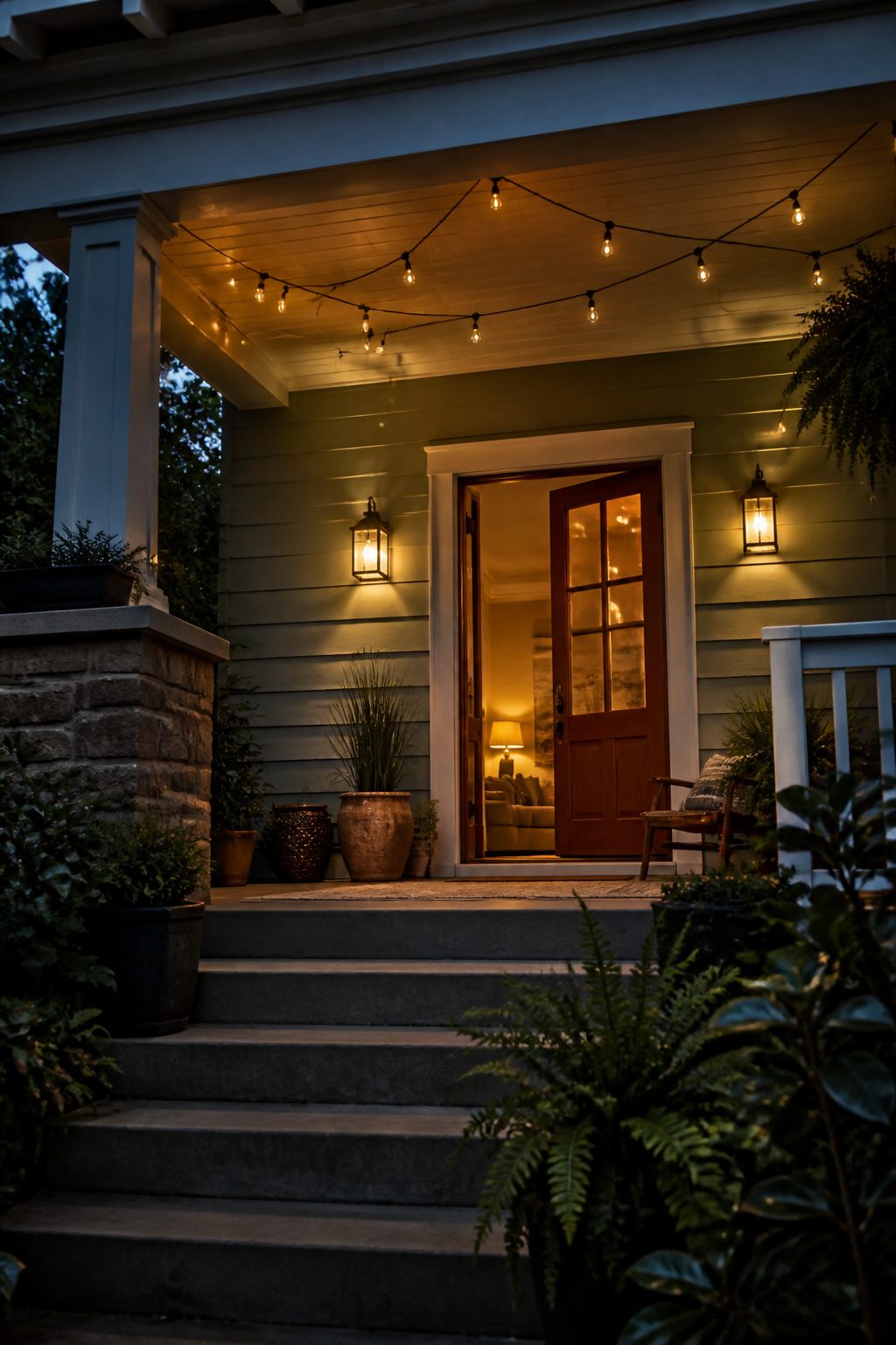 Matching sconces and string lights on a front porch.