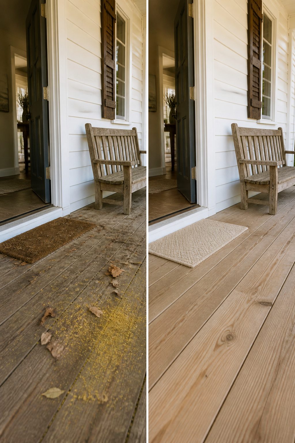 A clean front porch with no furniture or decorations.