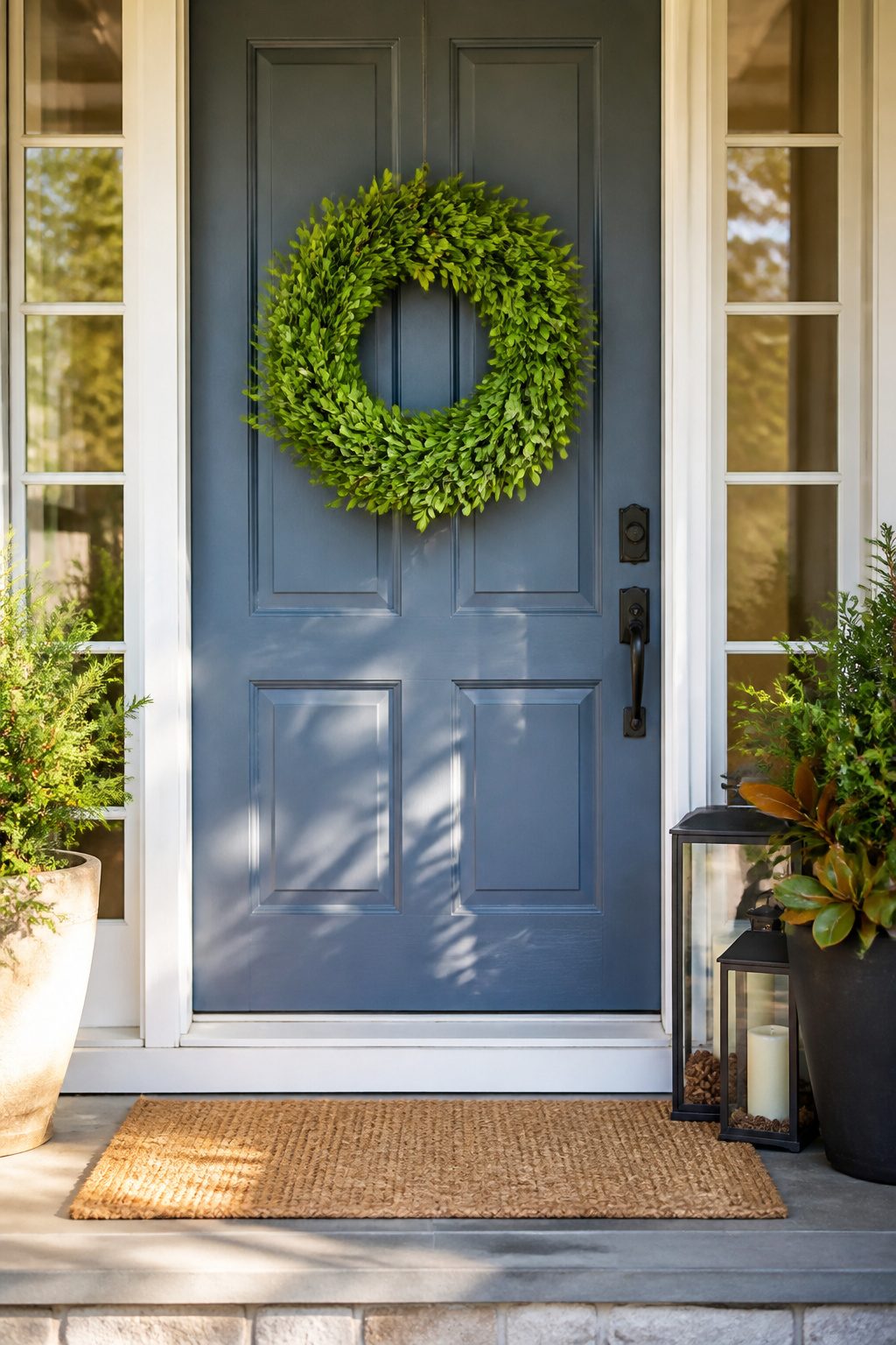 A wreath hanging on a front door.
