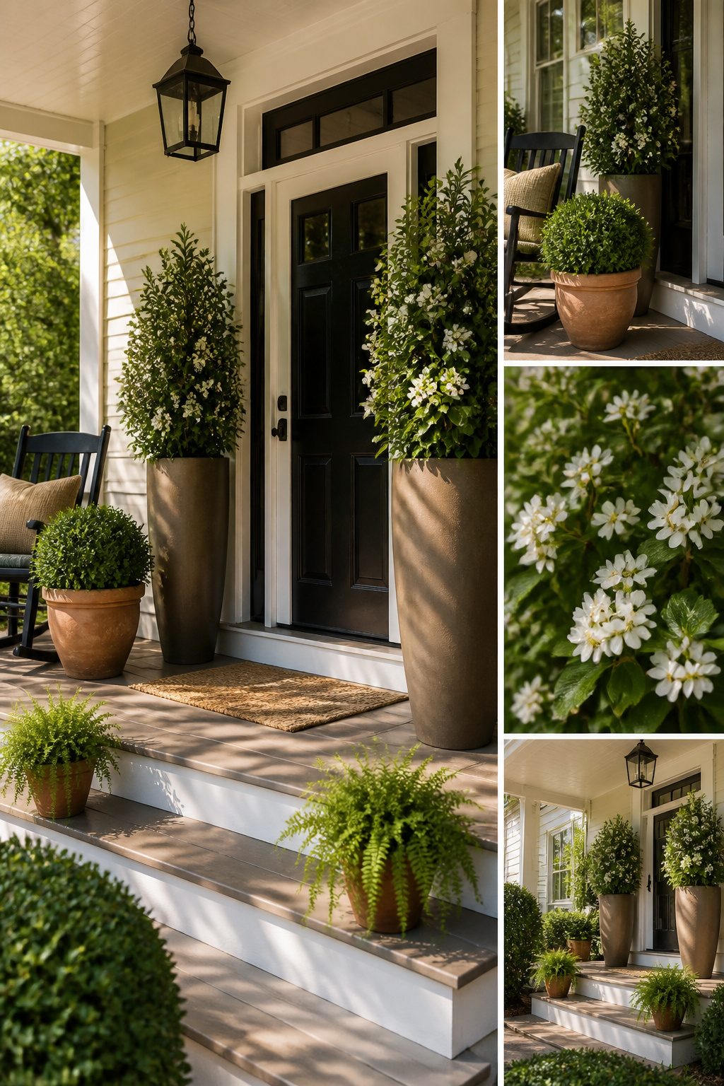 Two tall planters filled with plants positioned by a front door.