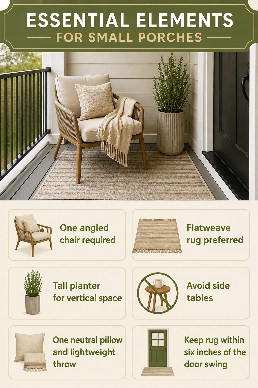 A small front porch with a chair and a tall planter.