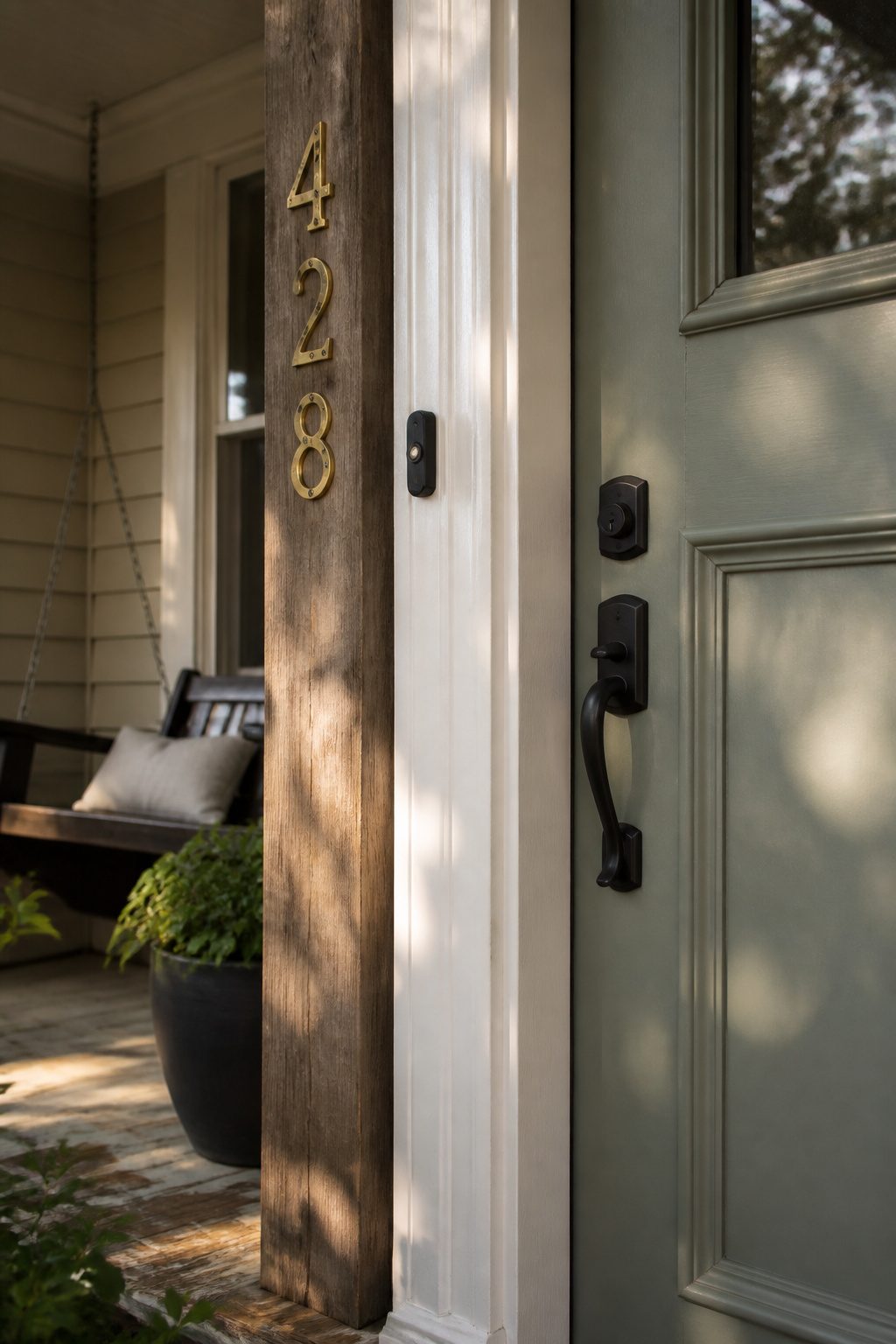 A close-up of a matte black door handle and brass house numbers.