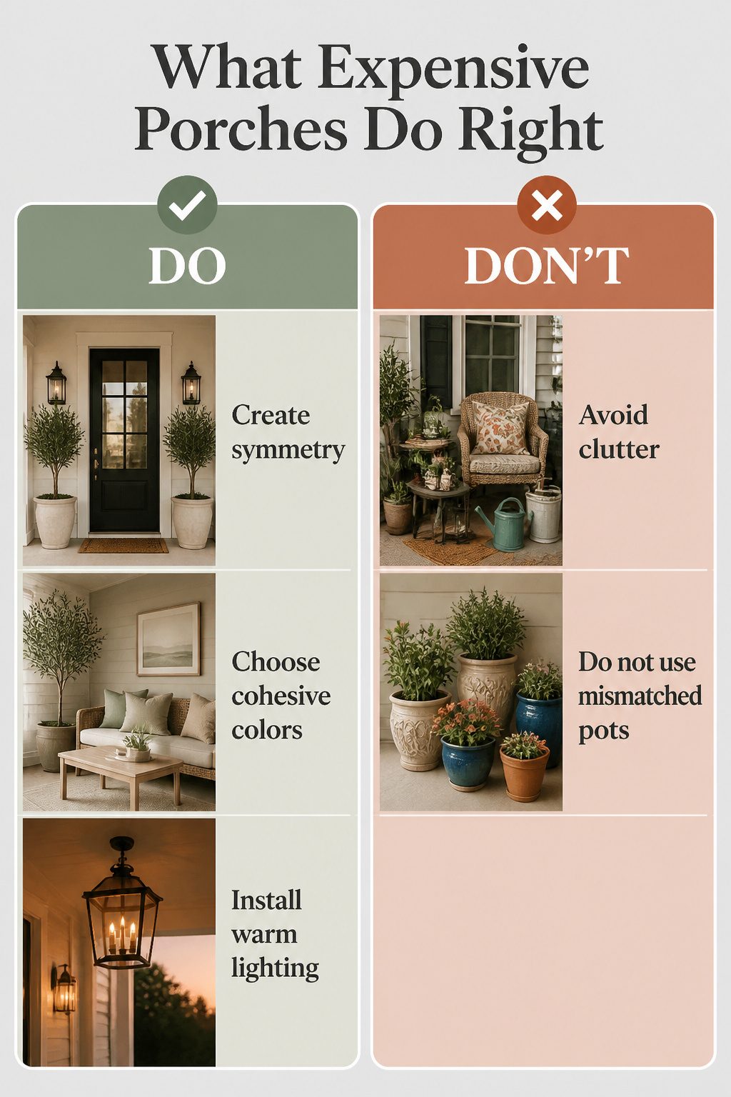 Two matching planters and lanterns on a porch.