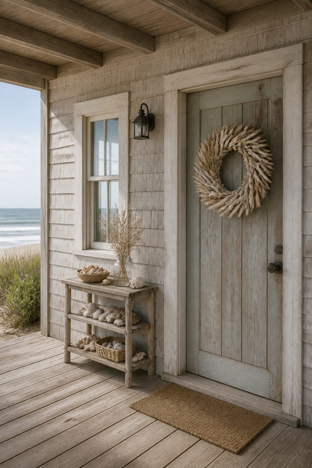 Wreath decorated with shells and driftwood on a door.