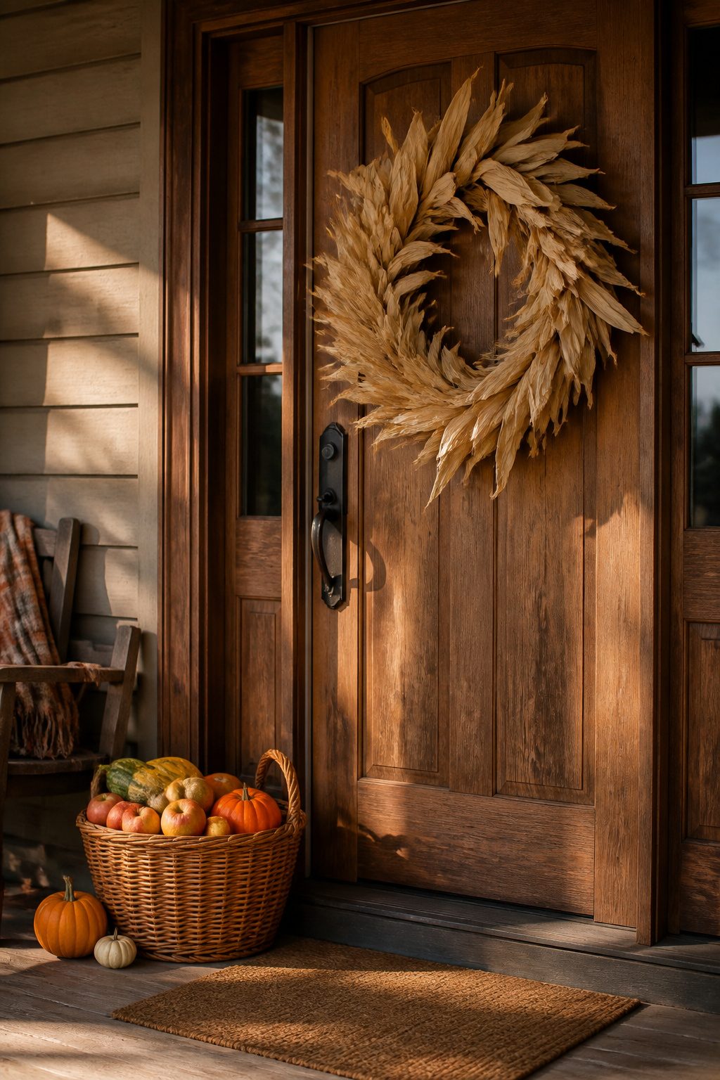 Corn husk wreath hanging on a natural wood door.