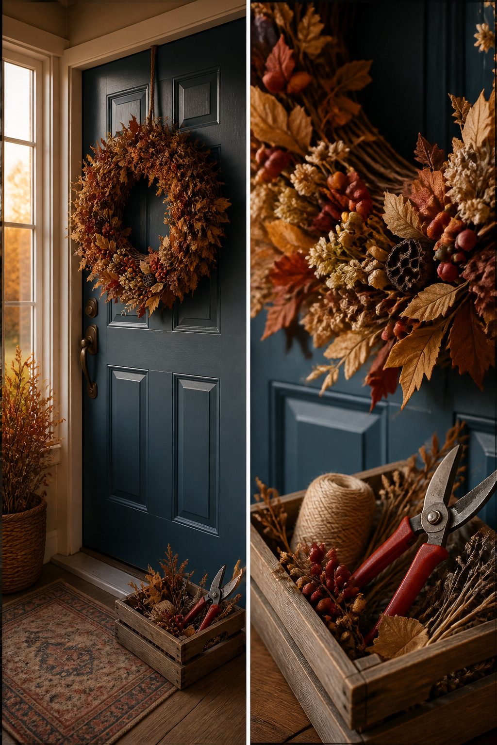 Handmade wreath made from natural and craft materials.