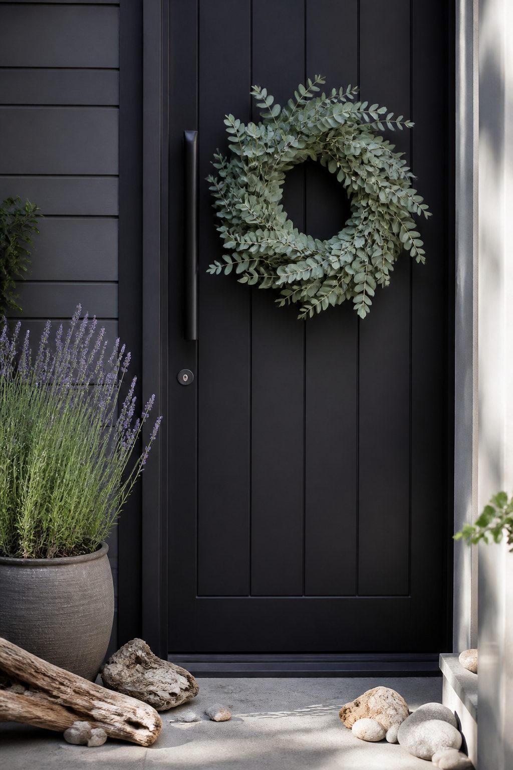 Eucalyptus wreath with muted leaves on a dark door.