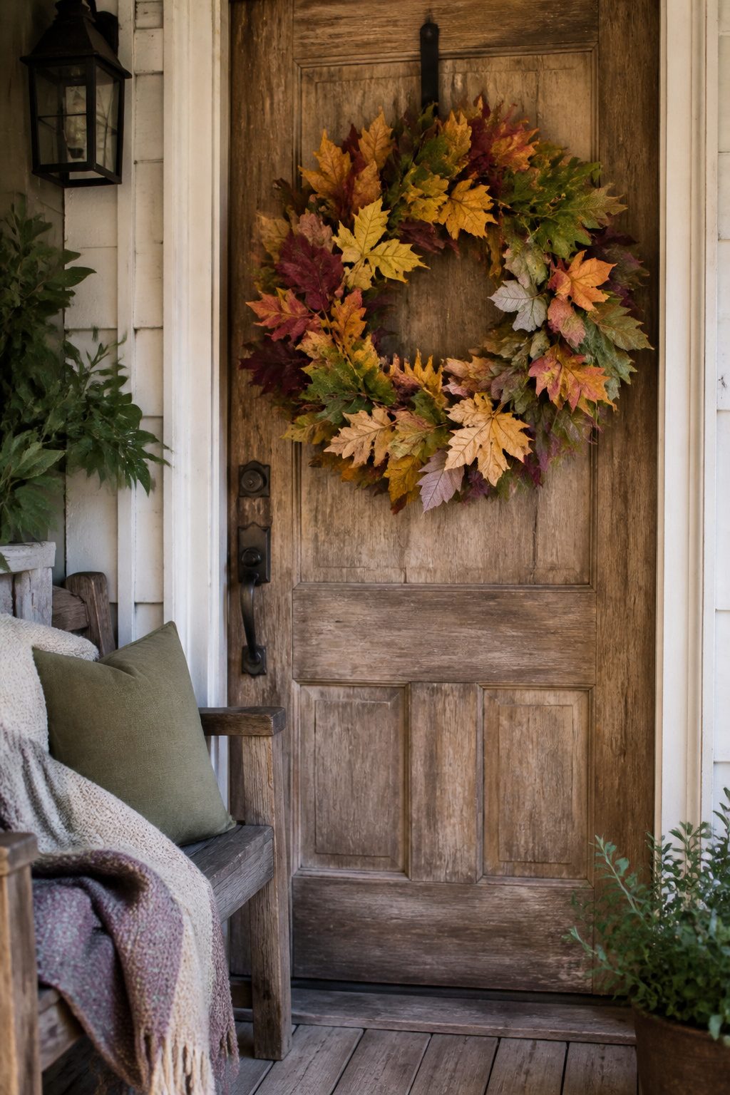 Mixed-leaf wreath with various colored leaves on a wooden door.