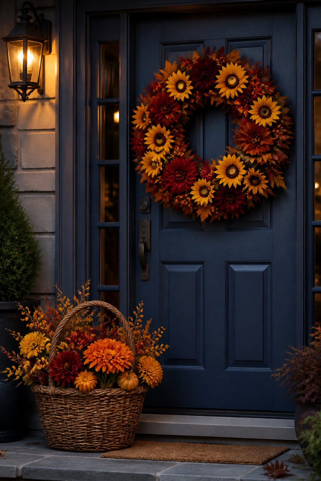 Floral wreath with vibrant flowers on a navy door.