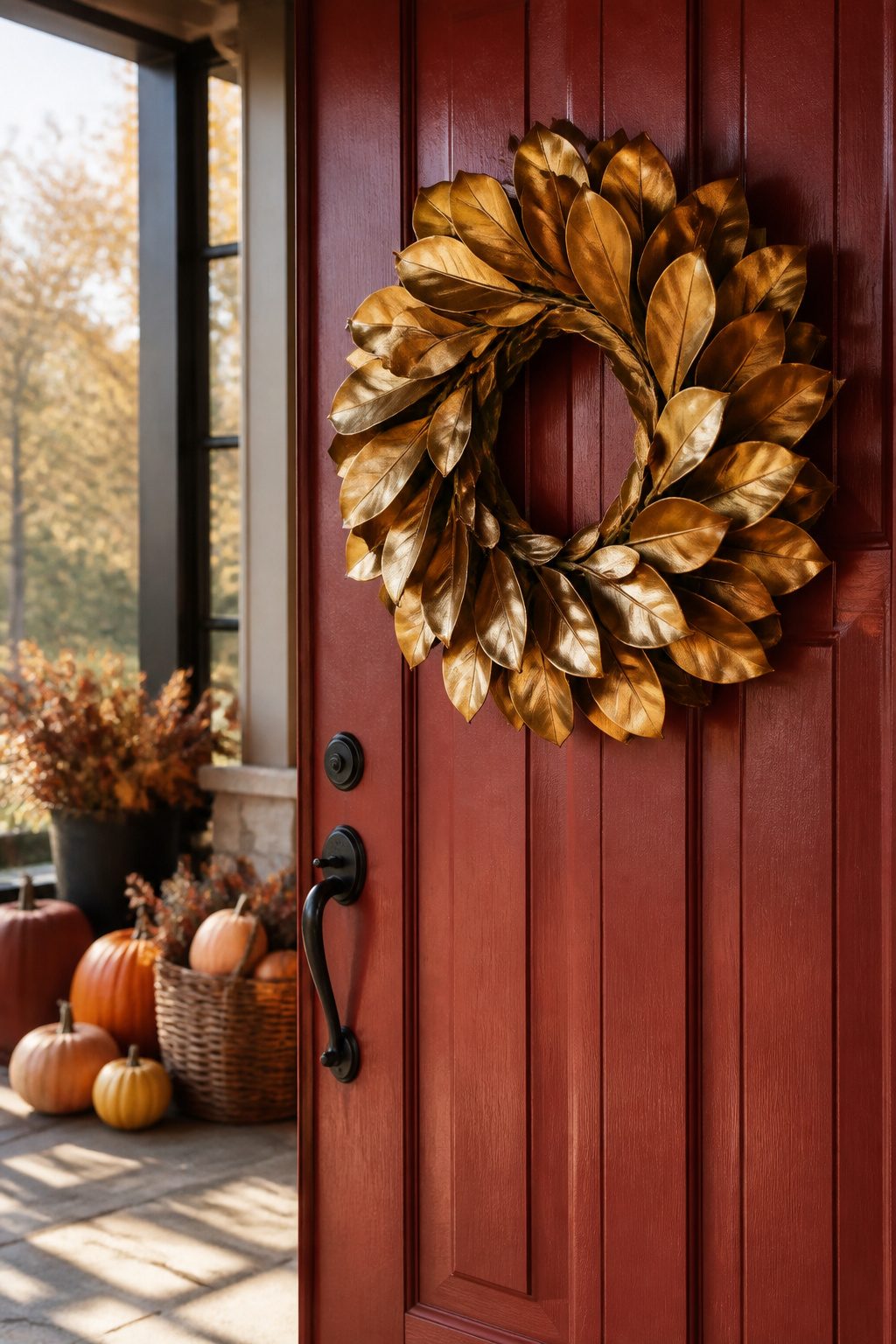 Gold magnolia leaf wreath resting on a red door.