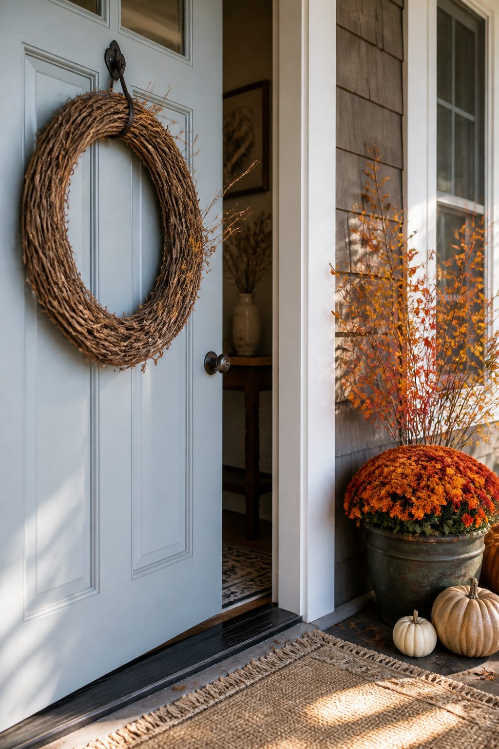 Grapevine wreath hanging on a pale blue door.