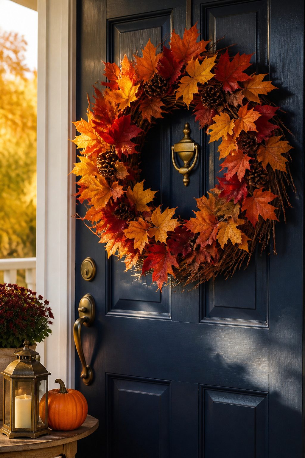 Maple leaf wreath with artificial leaves and pinecones on a door.