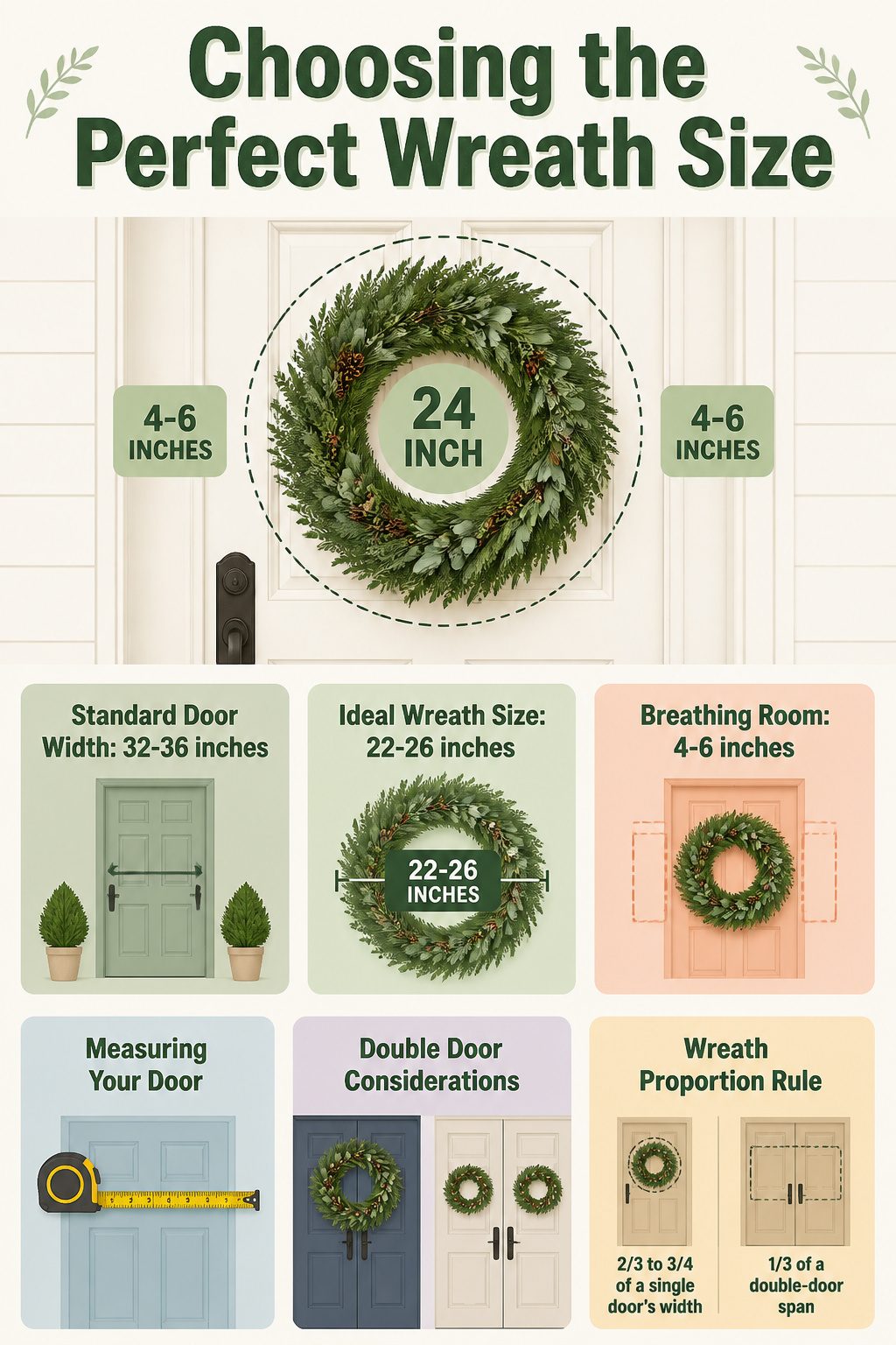 Guide image illustrating the ideal wreath size for doors.