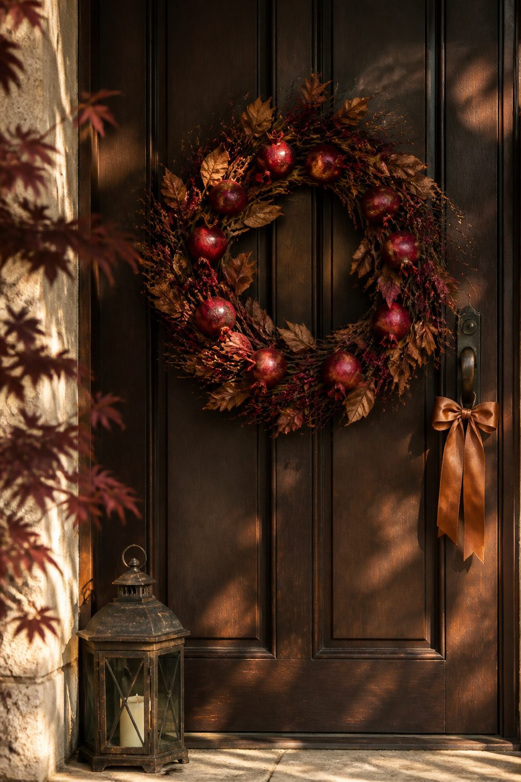 Wreath with faux pomegranates and decorative elements.