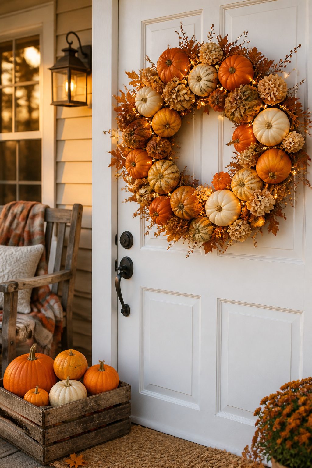 Wreath adorned with pumpkins and hydrangea flowers.