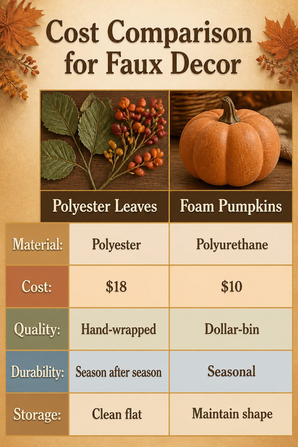 Comparison chart showing faux foliage and pumpkin costs.