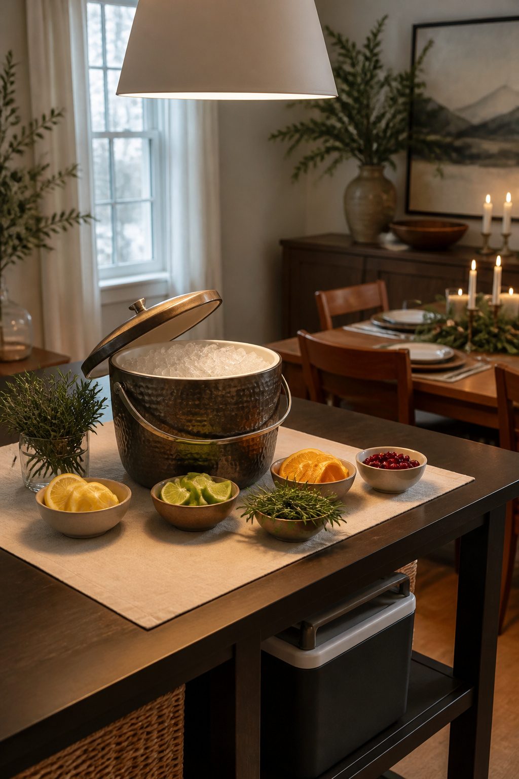 An ice bucket filled with ice and bowls of garnishes on a dining table.
