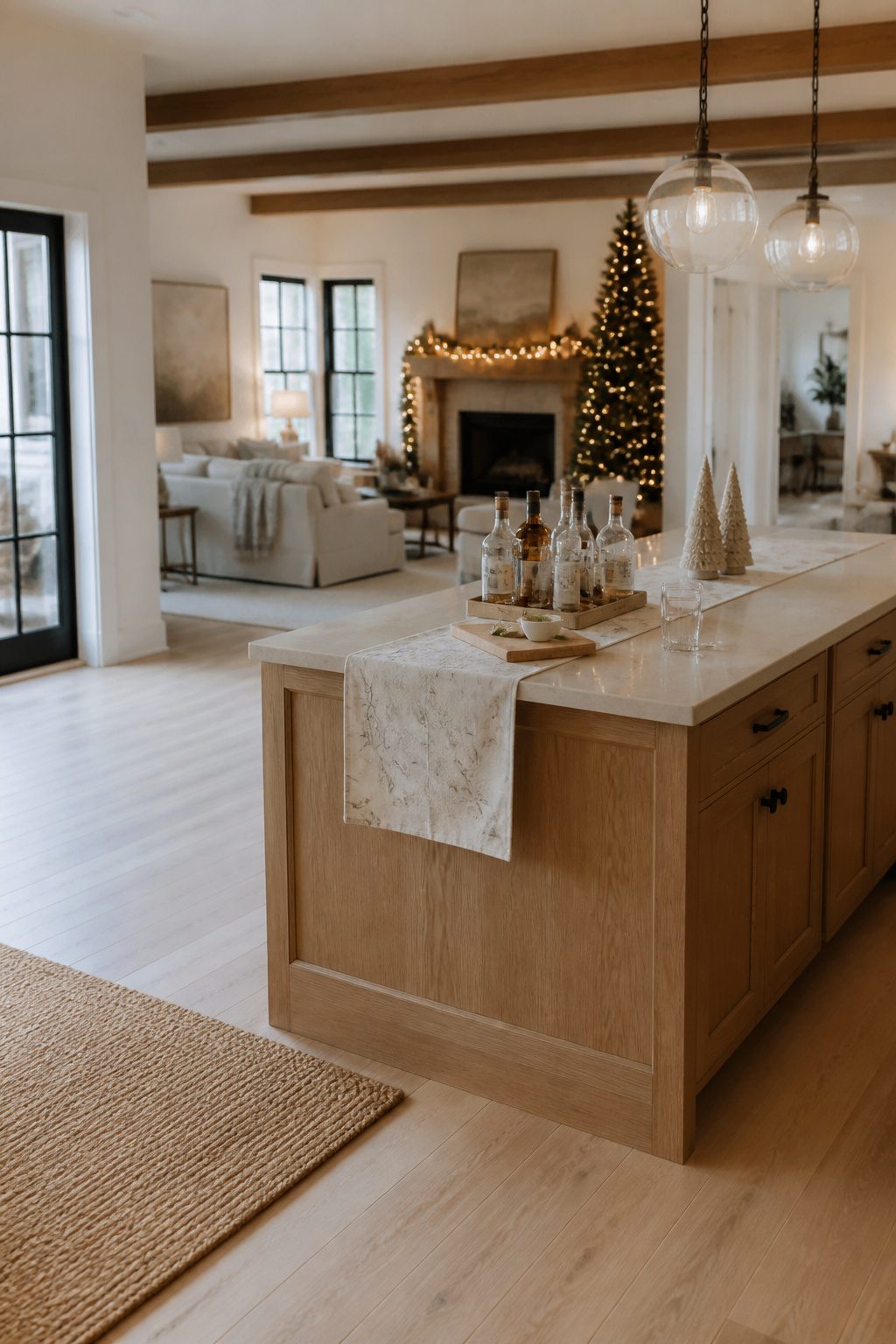A kitchen island with a drink station set up for a holiday gathering.