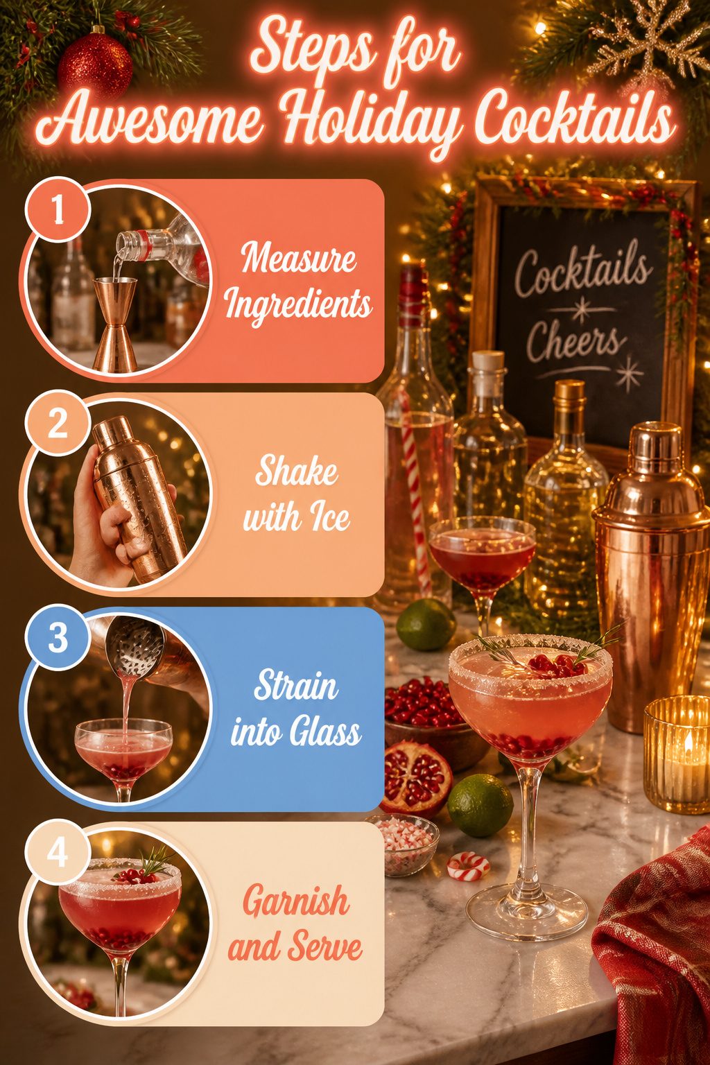 A chart displaying steps for preparing holiday cocktails.