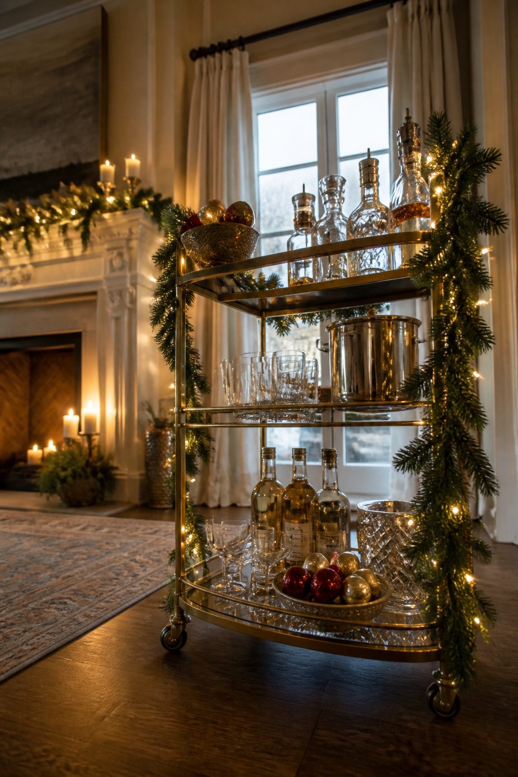Garlands and fairy lights decorate a bar cart for a holiday drink station.