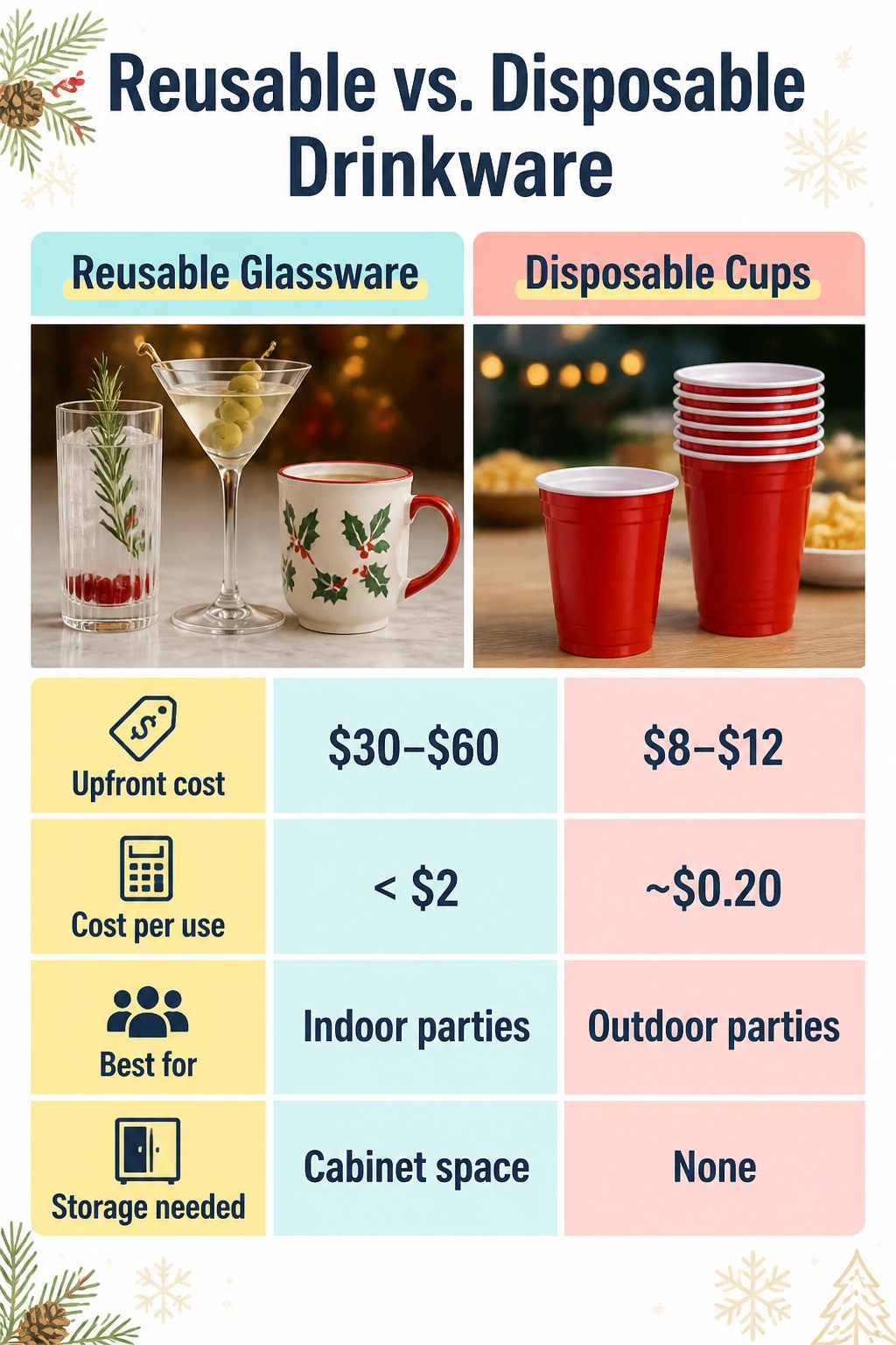 A comparison of reusable and disposable drinkware for parties.