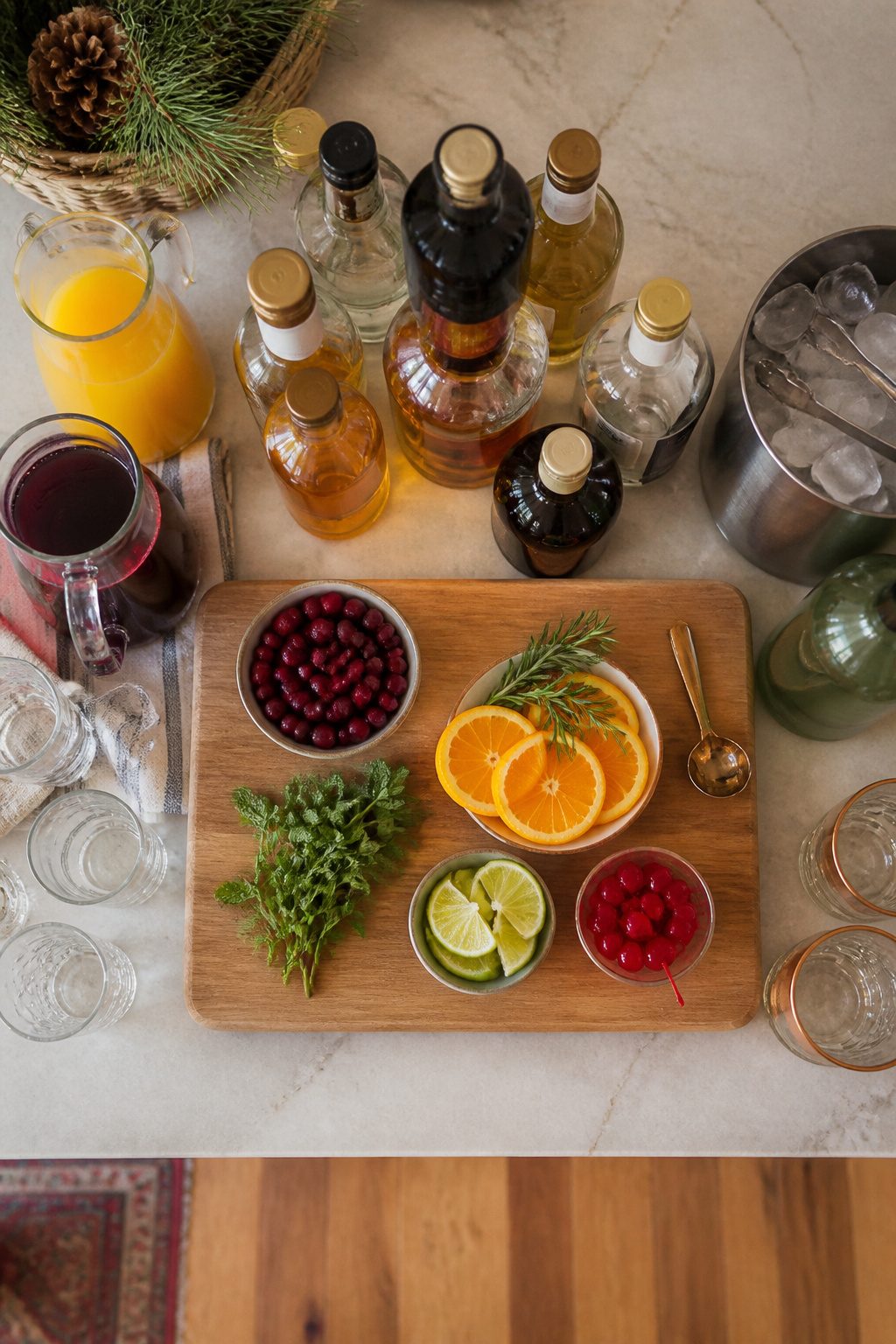Bottles of vodka, gin, rum, and mixers arranged for drink preparation.