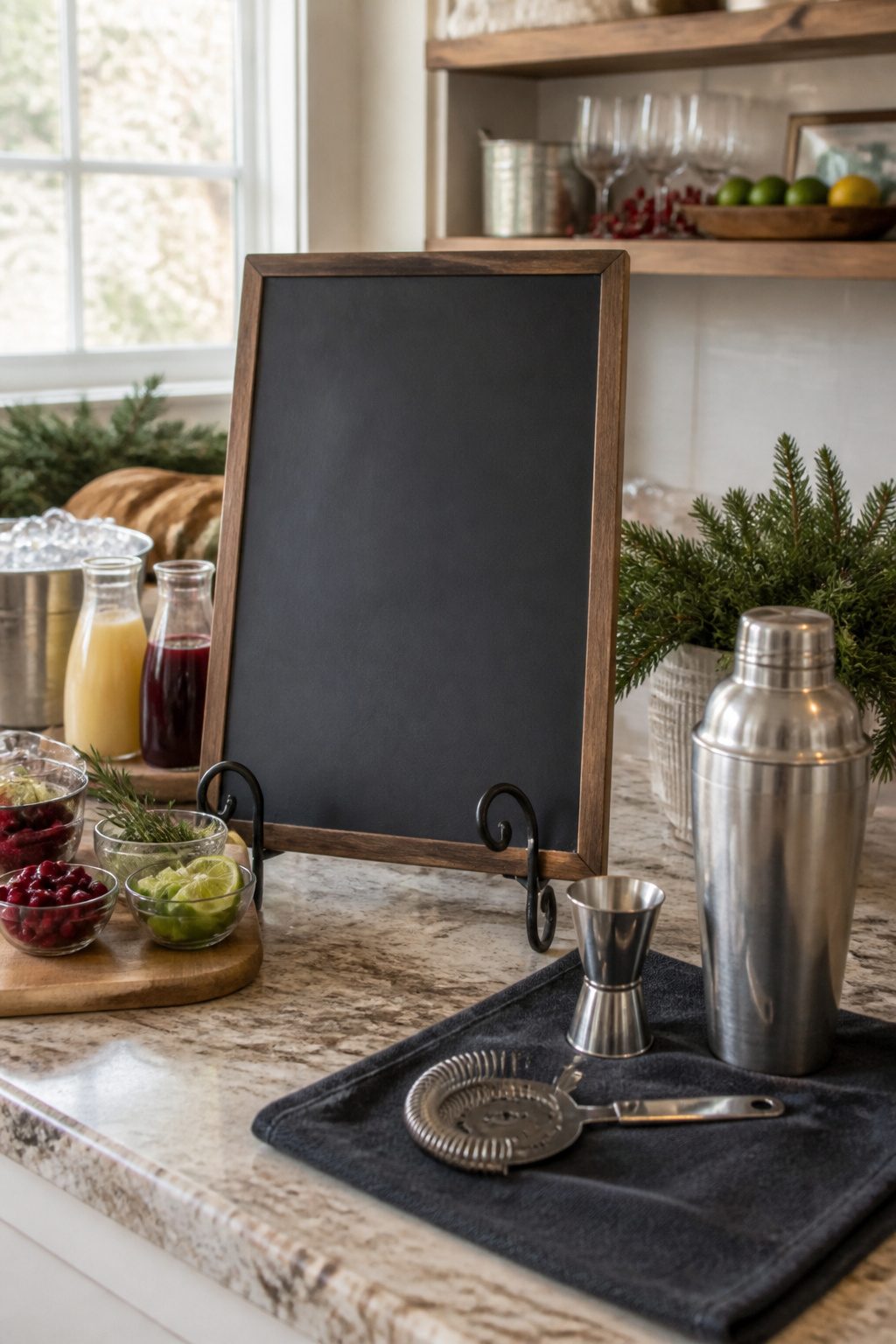 A slate board with drink instructions surrounded by colorful ingredients.