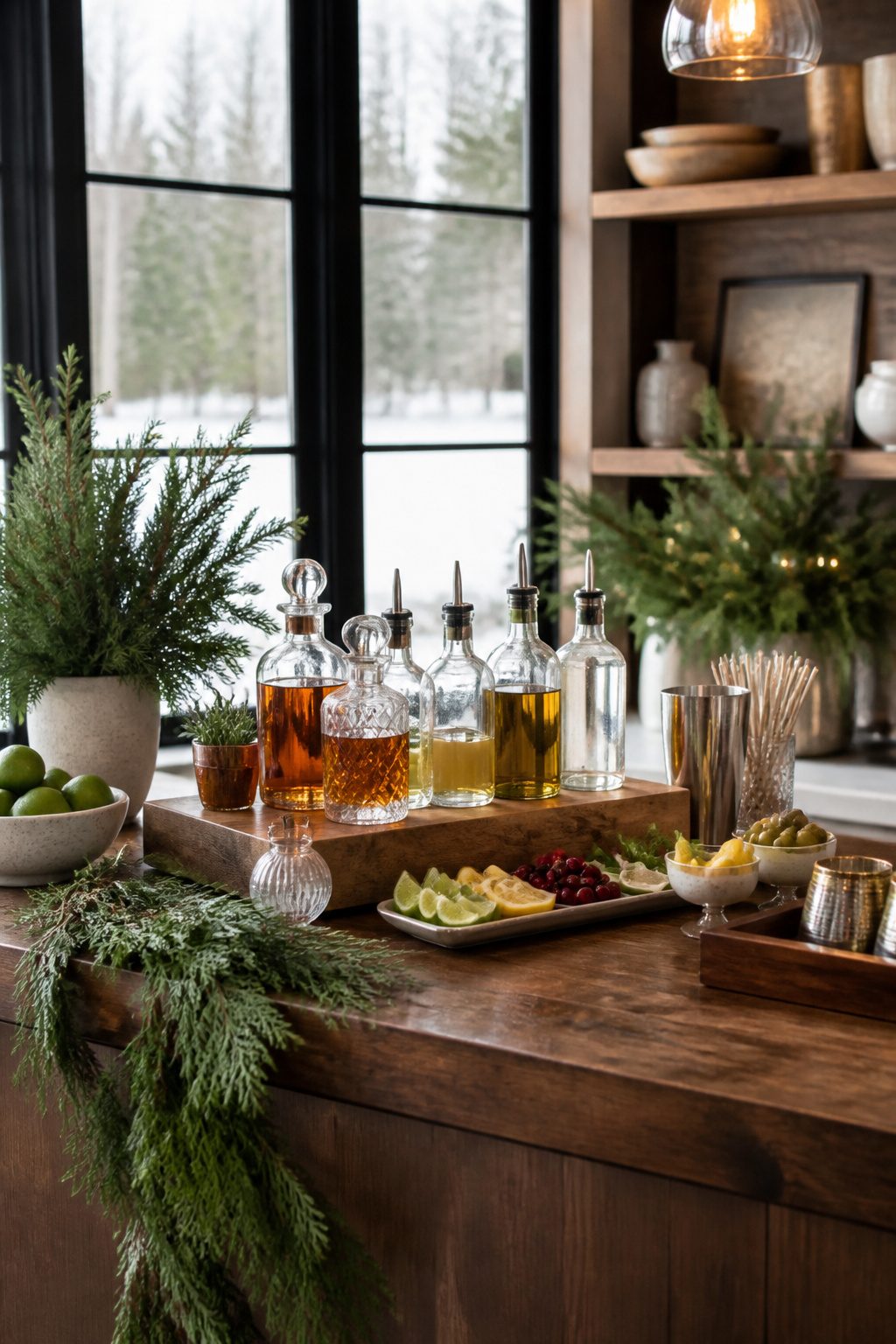 A rustic countertop displaying a holiday drink station with spirits and garnishes.