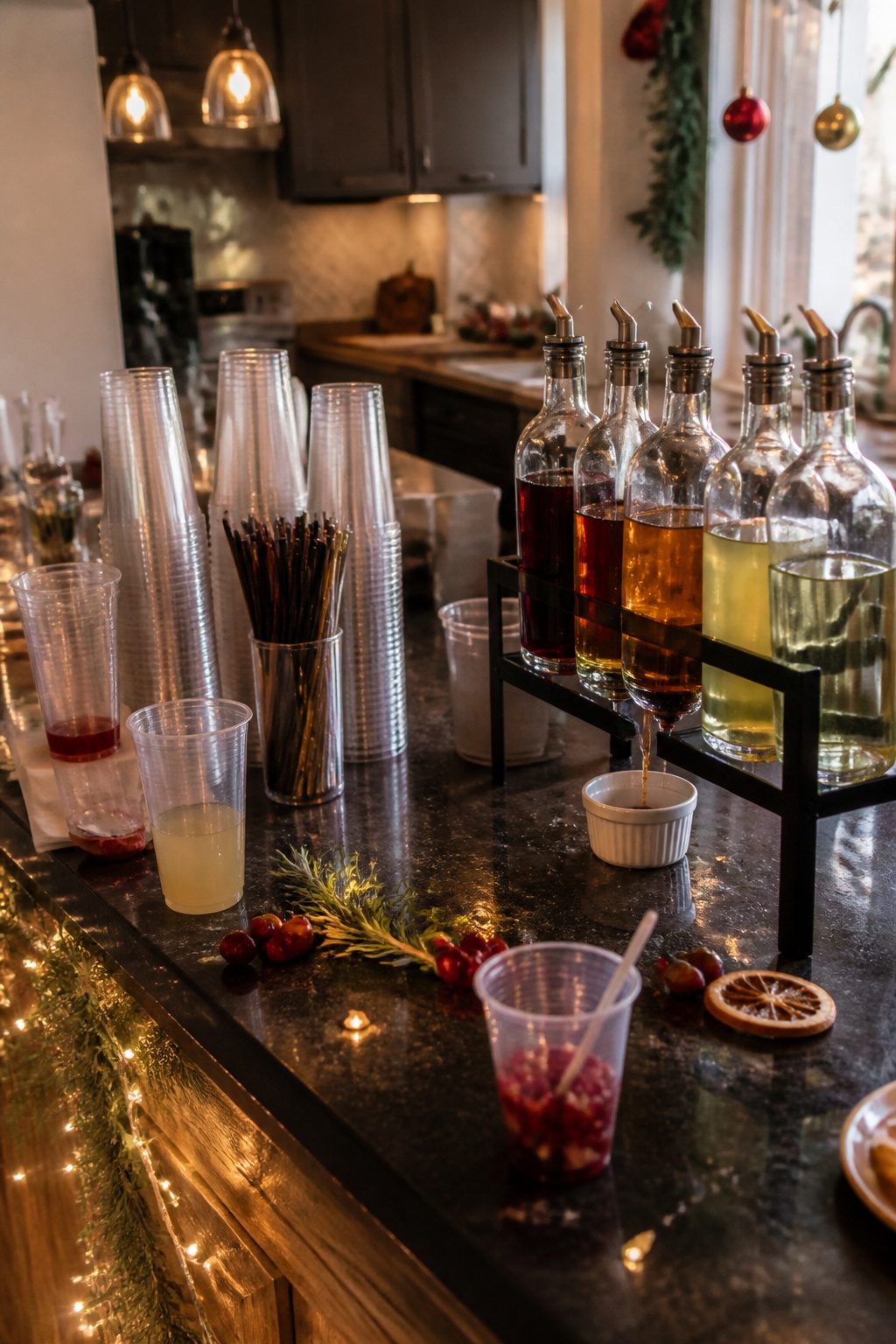 A lively drink station with various mixers and disposable cups.