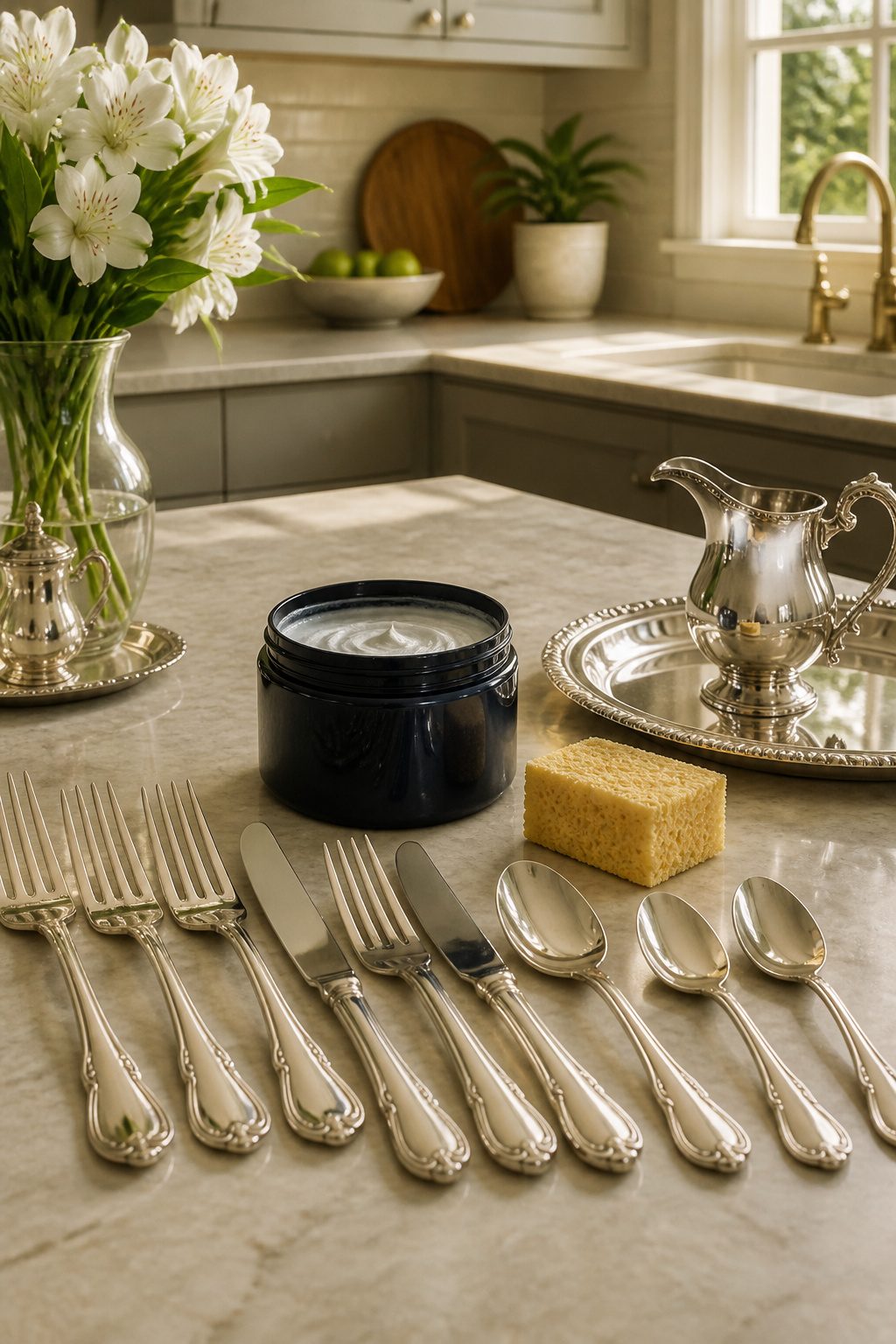 Commercial silver polish container next to polished silver utensils.