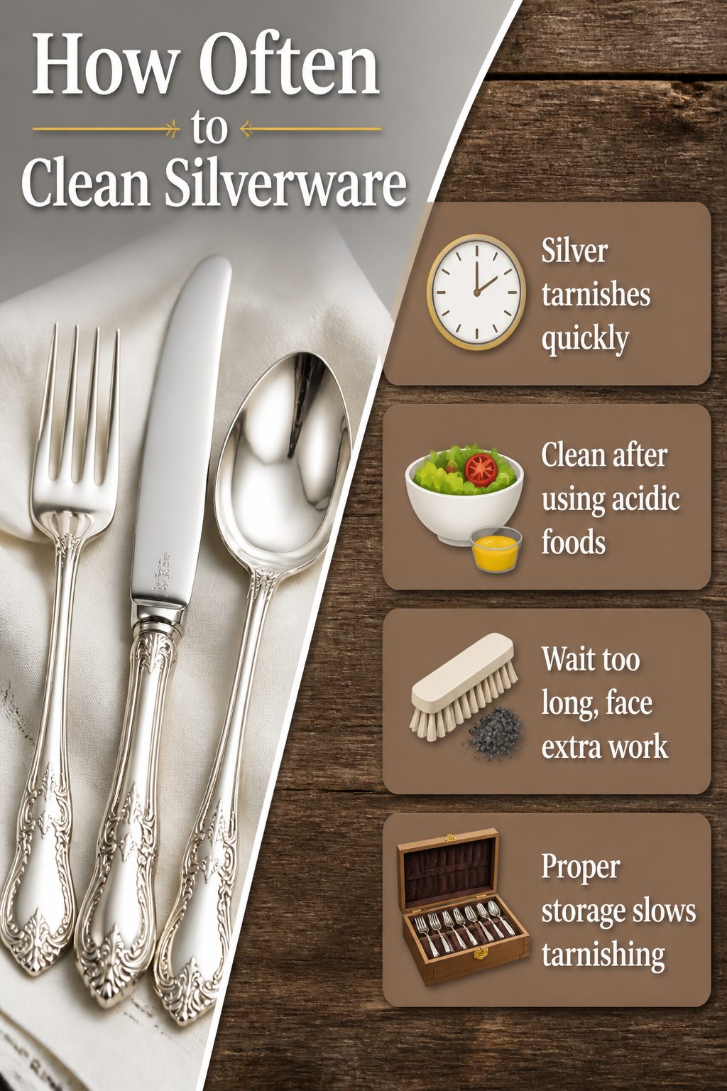 Information on how often to clean silverware to avoid tarnish.