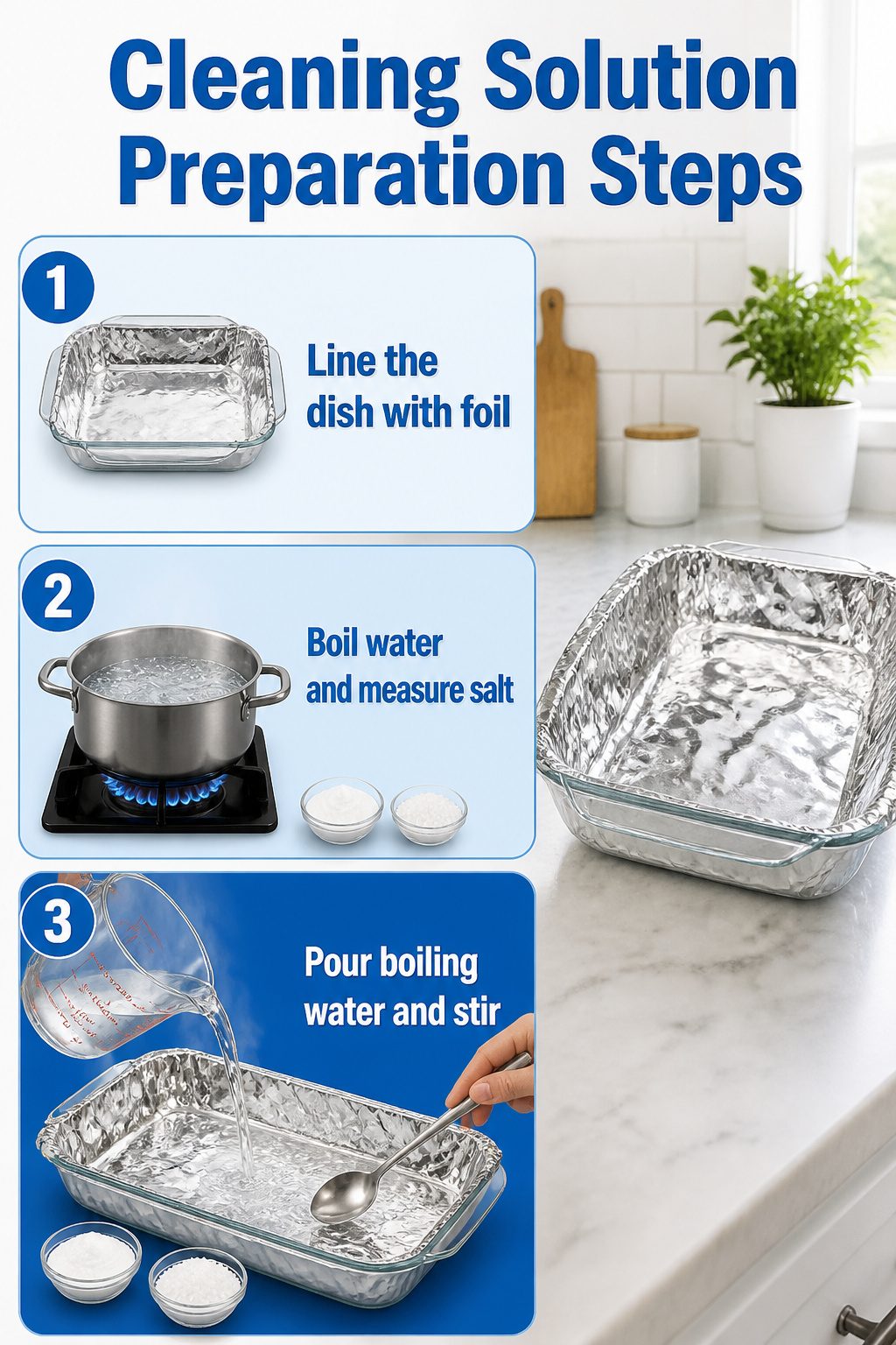Steps for preparing a cleaning solution with aluminum foil and baking soda.