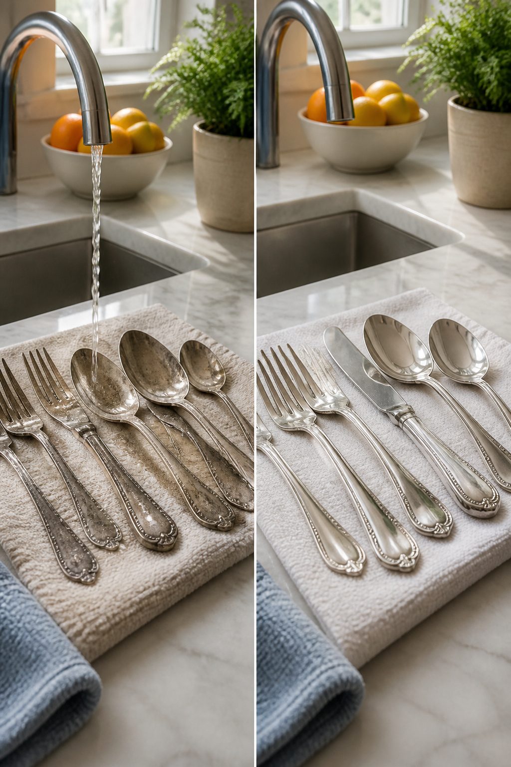 Tongs pulling silverware from hot water onto a towel.