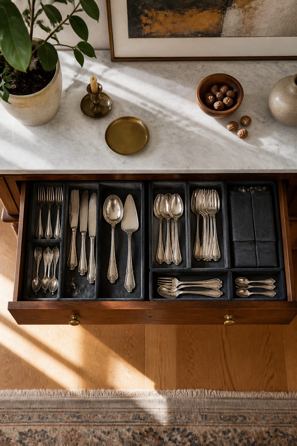 Image illustrating how to store silverware correctly to prevent tarnish.