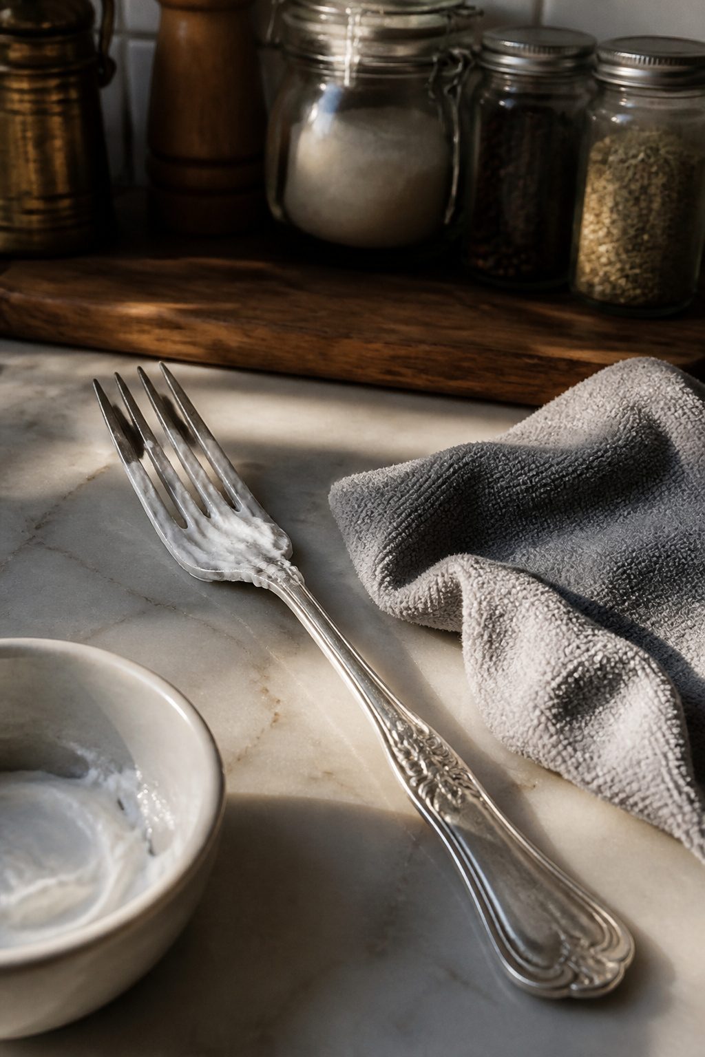 Silver fork partially coated with white toothpaste on a countertop.