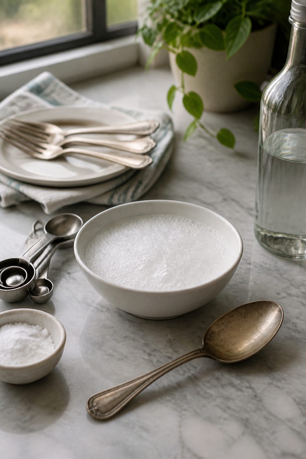 Bowl with vinegar and baking soda paste next to a tarnished silver spoon.