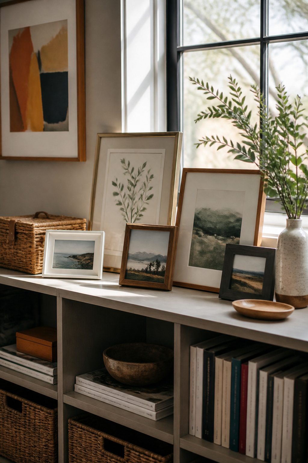 Framed artworks and personal photos arranged on a shelf.