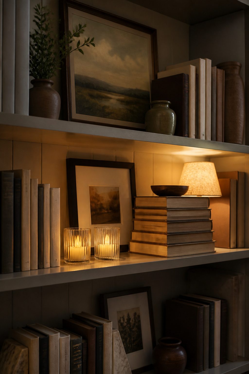 Candles and a lamp illuminating a bookshelf filled with books.