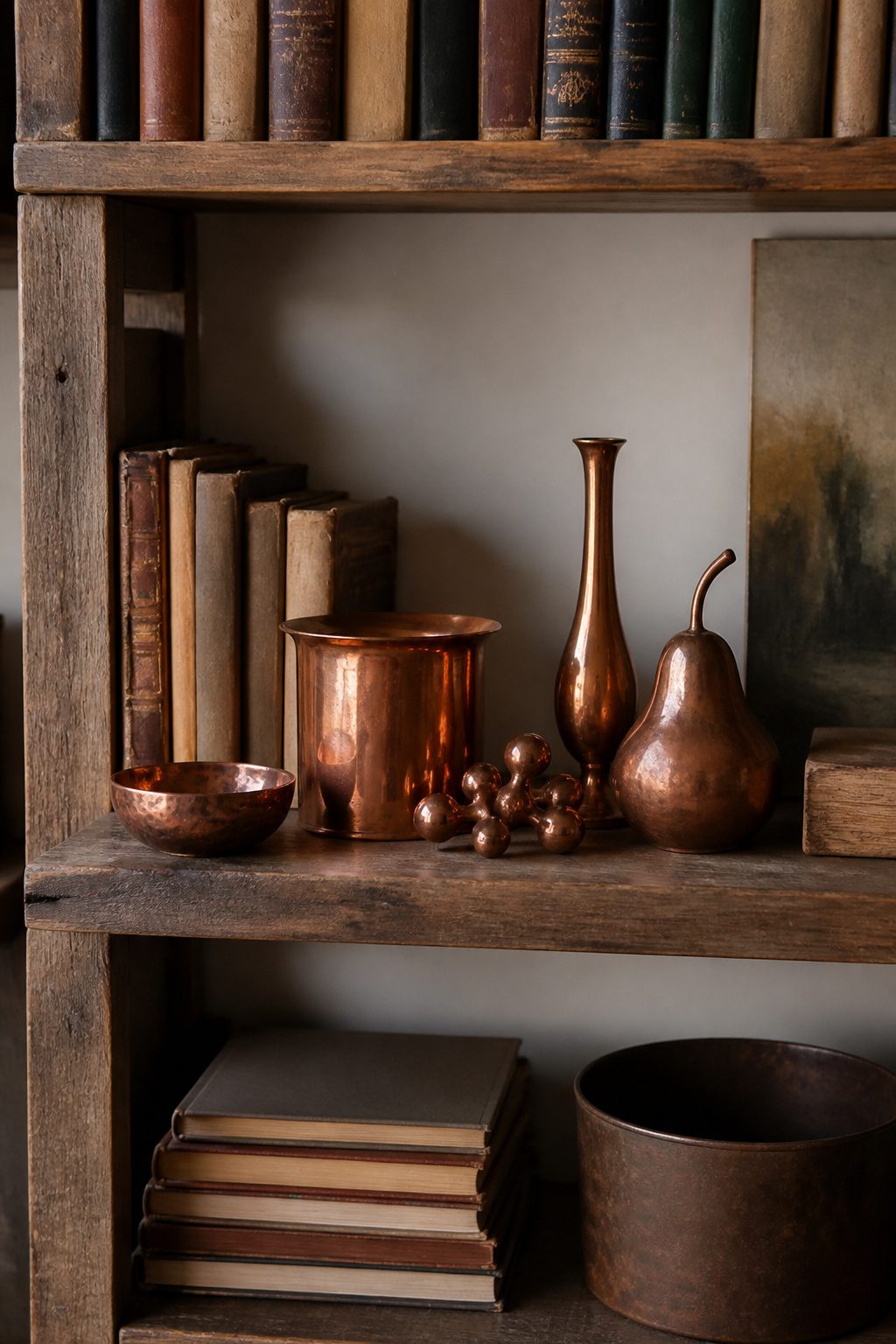 A cluster of vintage copper items on a rustic wooden shelf.