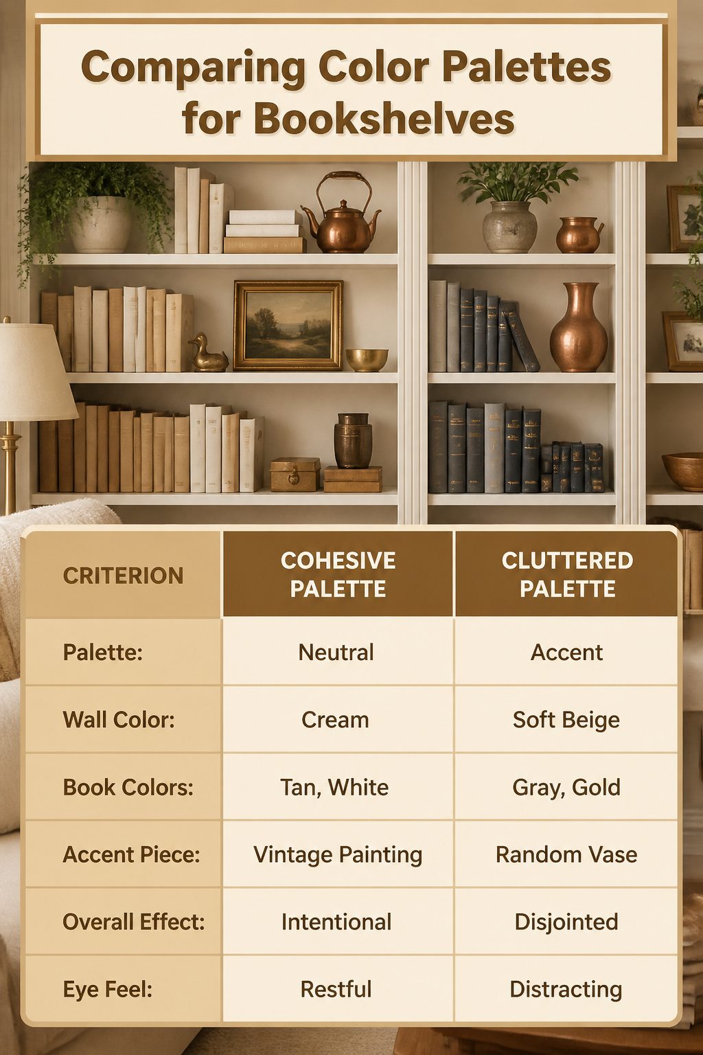 A comparison of color palettes for bookshelves on display.