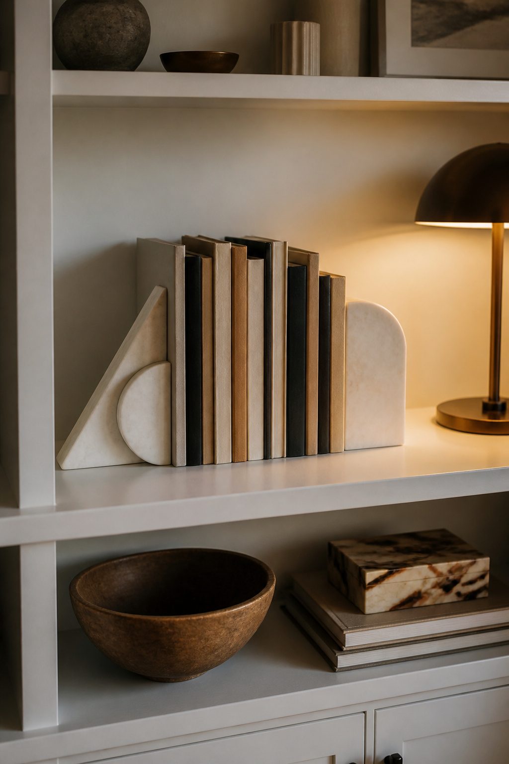 Marble bookends holding upright books on a sleek white shelf.