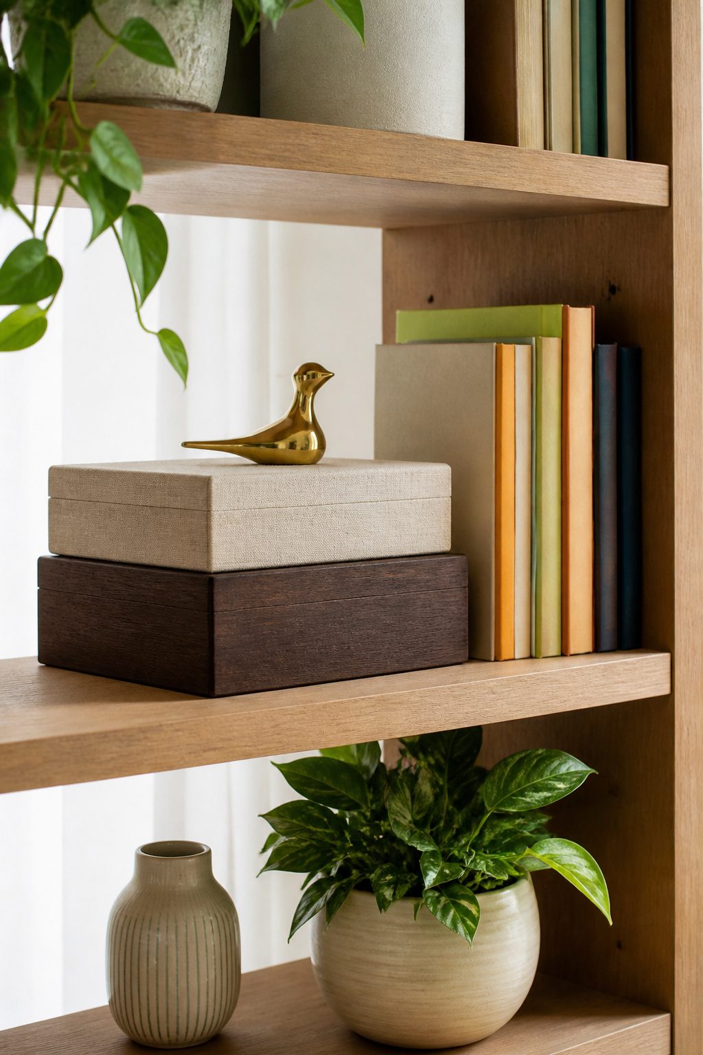 A stack of decorative boxes next to colorful books on a shelf.