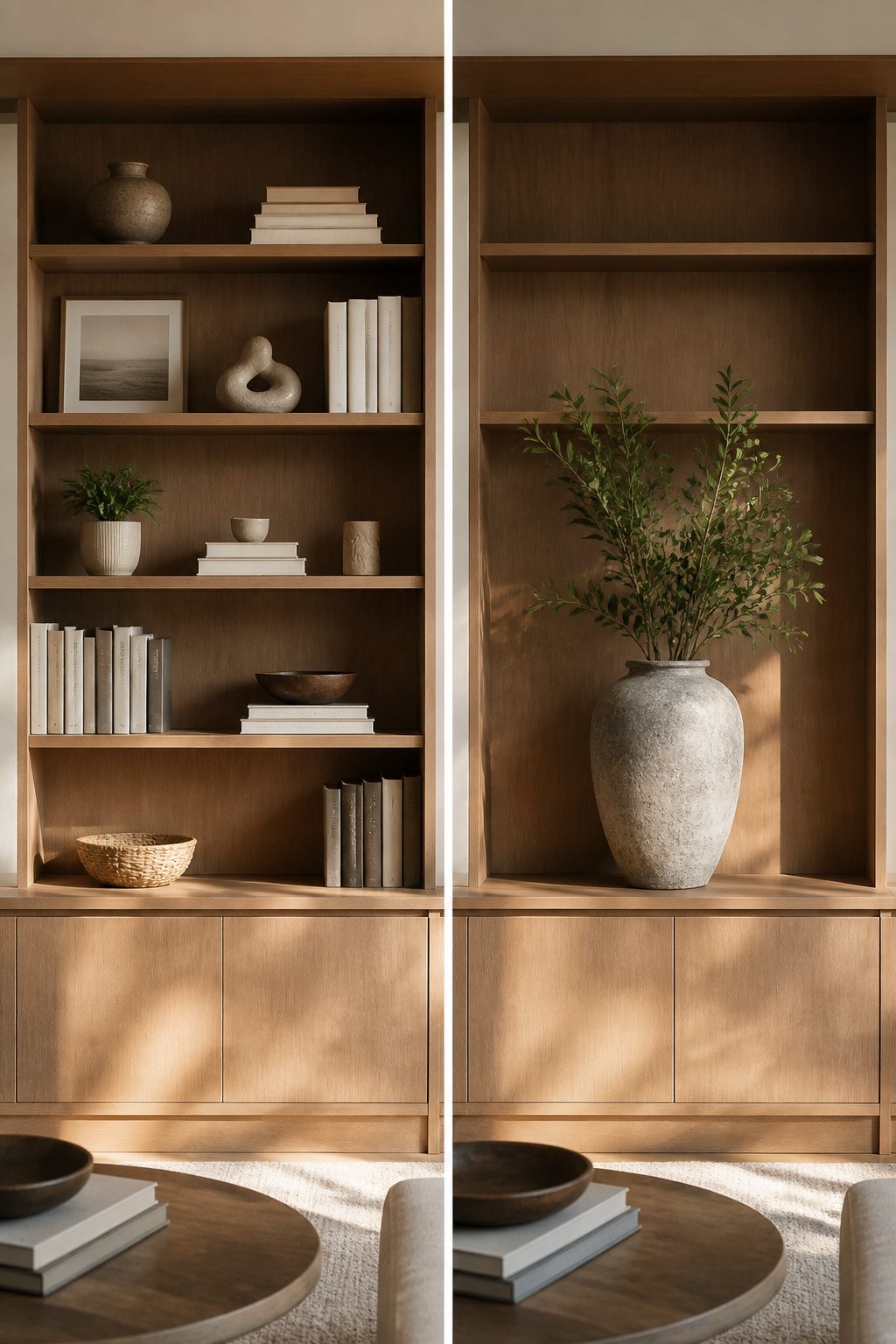 An open shelf with a large vase, showcasing negative space.