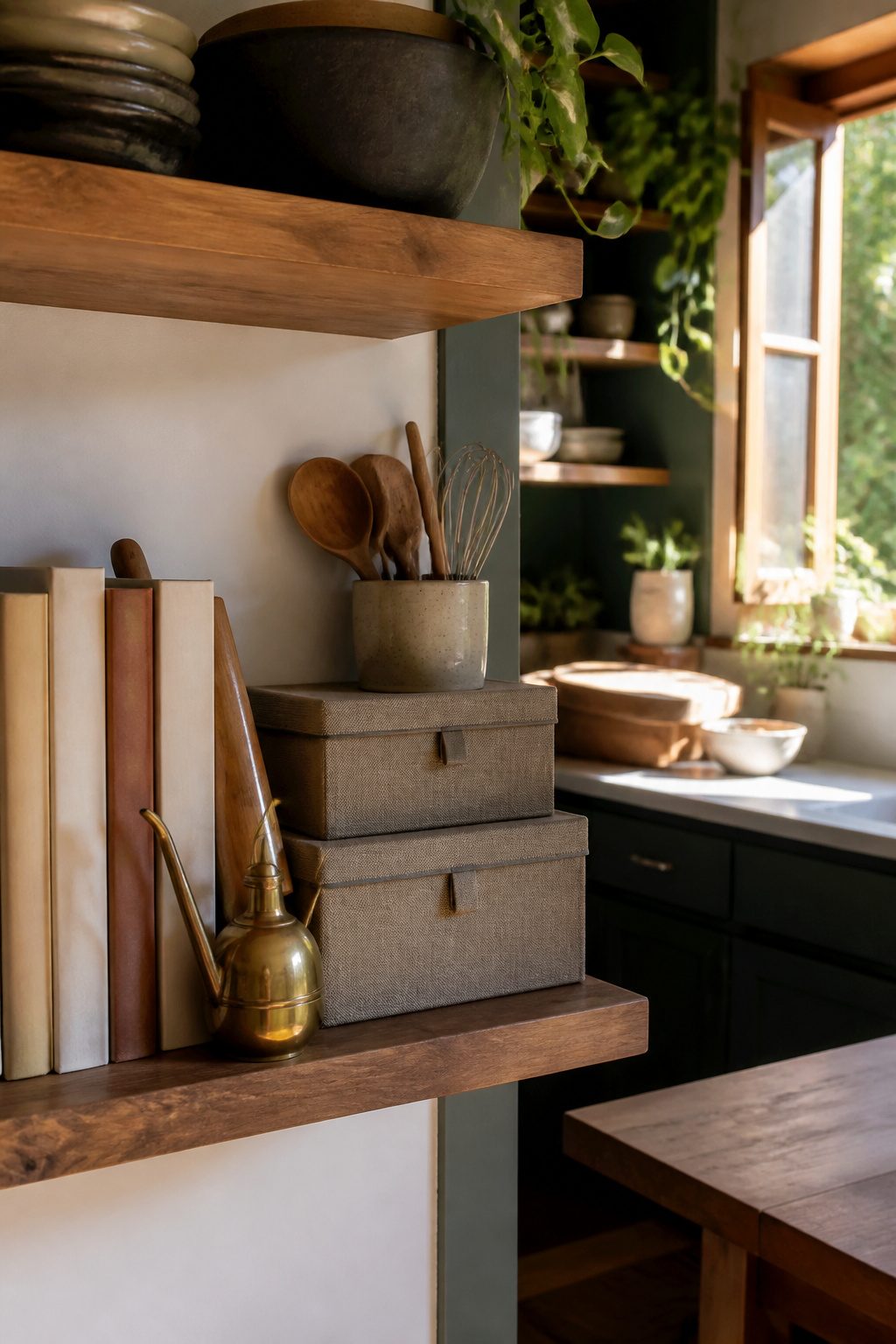 Cookbooks and kitchen tools arranged decoratively on a shelf.